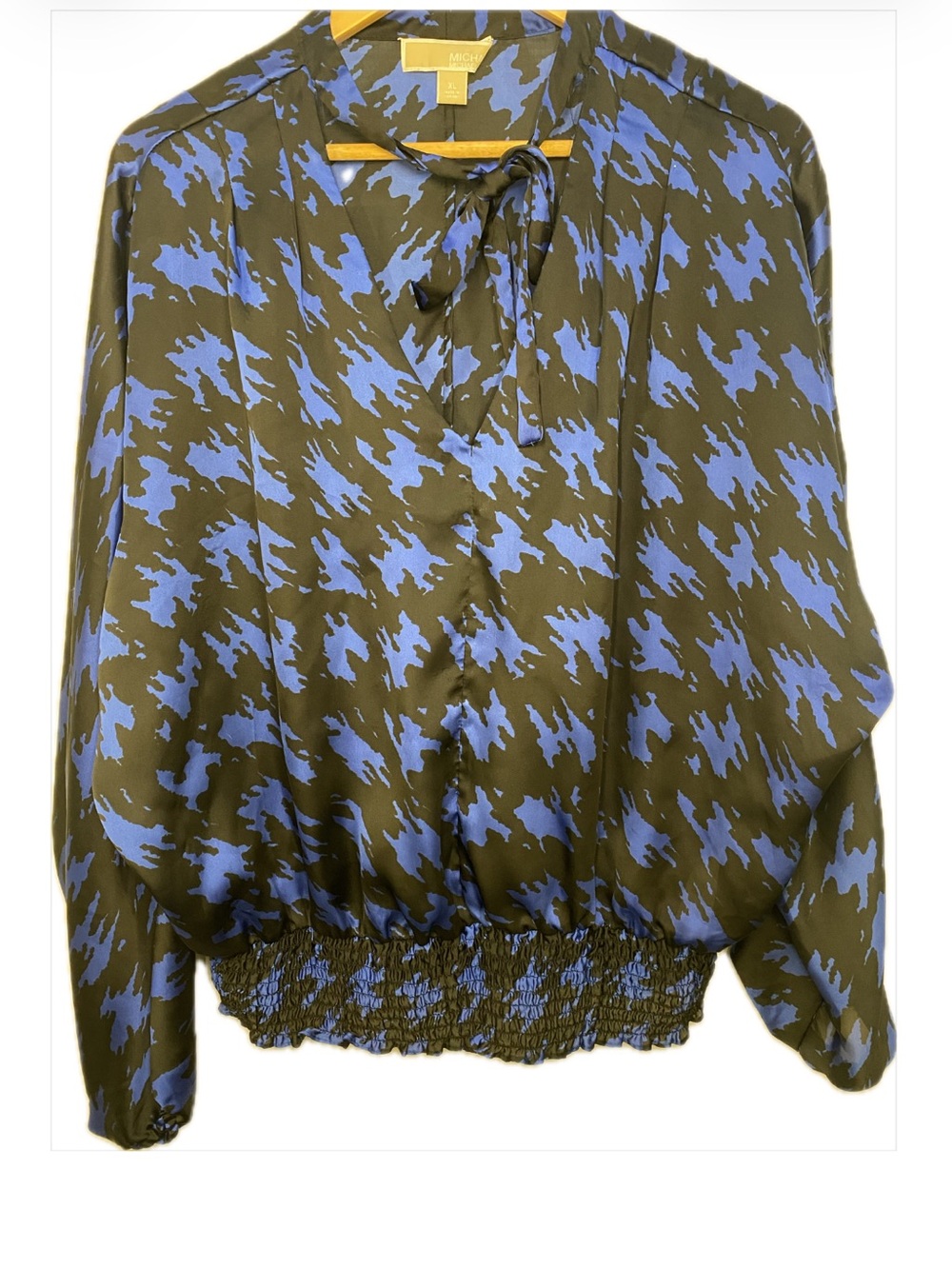 MICHAEL Michael Kors Black and Blue Tie-Neck Long Sleeve Houndstooth Blouse